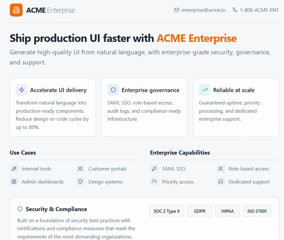 ACME Enterprise collateral page - showing enterprise features, use cases, and compliance badges