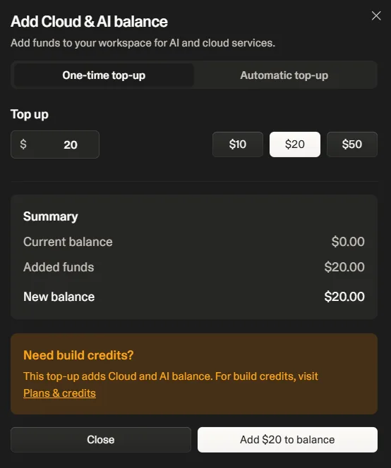 Lovable one-time top-up UI showing Add Cloud & AI balance modal with $10, $20, $50 options