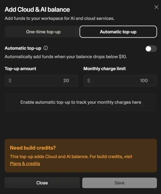 Lovable automatic top-up UI showing top-up amount, monthly charge limit, and auto-refill settings