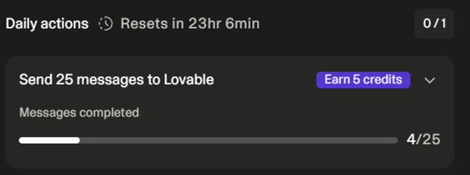 Lovable daily actions UI showing Send 25 messages challenge to earn 5 credits with progress bar at 4/25