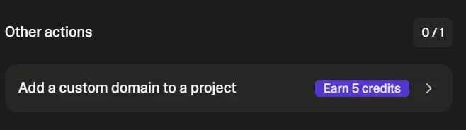 Lovable other actions UI showing Add a custom domain to earn 5 credits
