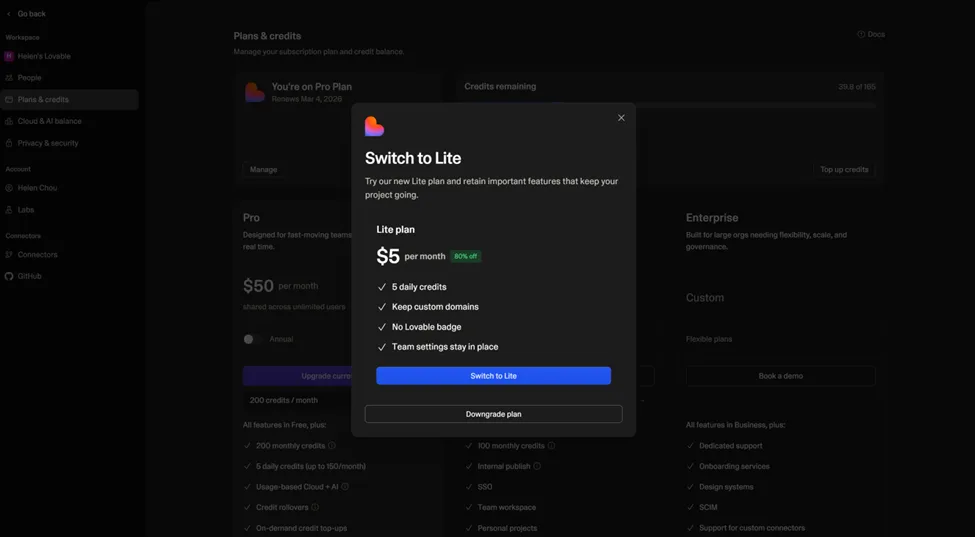 Lovable Switch to Lite plan modal showing $5/month with 80% off, 5 daily credits, custom domains, and no Lovable badge