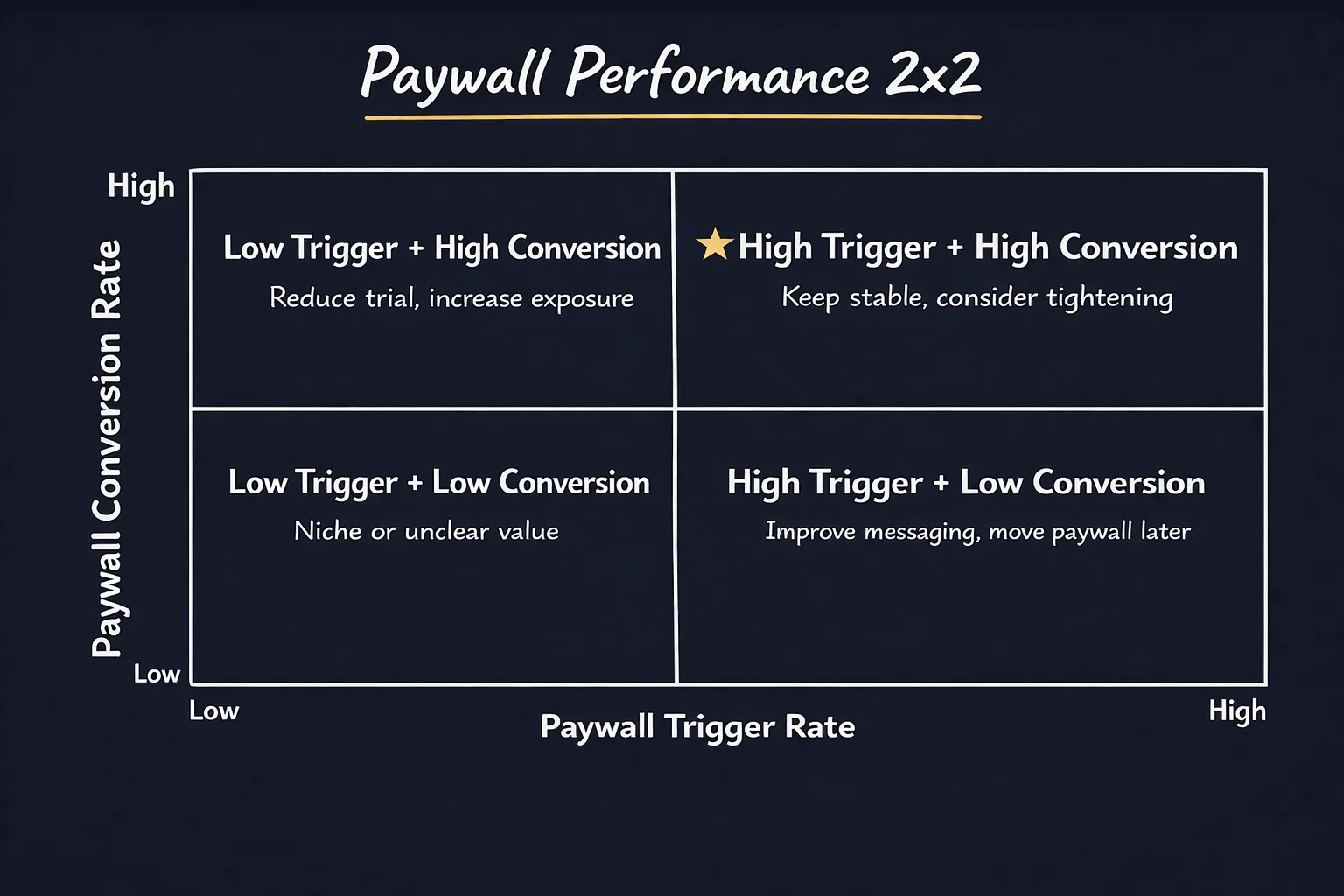 Paywall Performance 2x2 matrix — quadrants showing Low/High Trigger Rate vs Low/High Conversion Rate with recommended actions for each