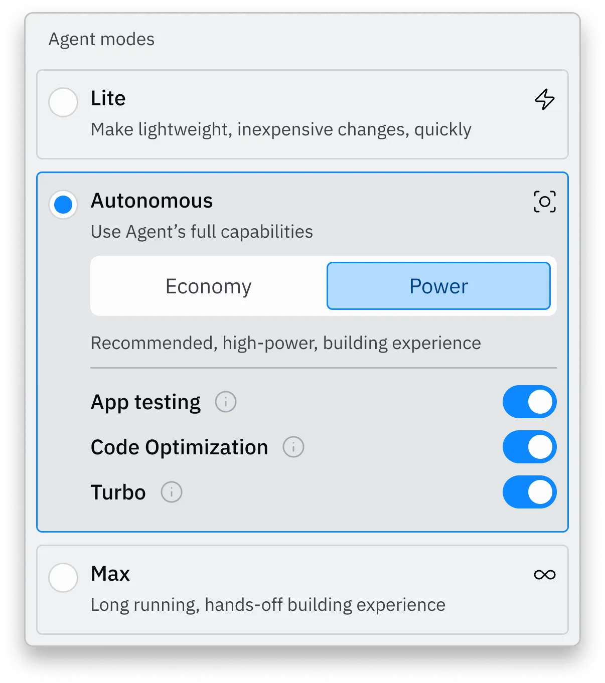 Replit agent modes showing Lite, Autonomous (Economy and Power), and Max options