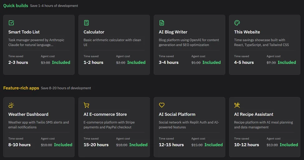 Replit cost estimation showing quick builds and feature-rich apps with time saved and agent cost